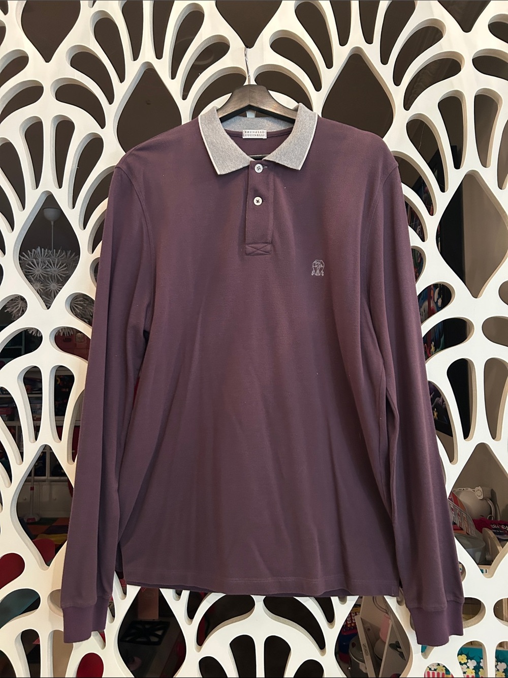 Brunello Cucinelli Plum Long-Sleeve Polo with Light Gray Contrast Collar